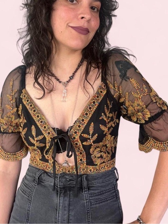 Cloud Ten Tops - Black Sheer Embroidered Tie-Front Bodysuit with Gold Floral Detail